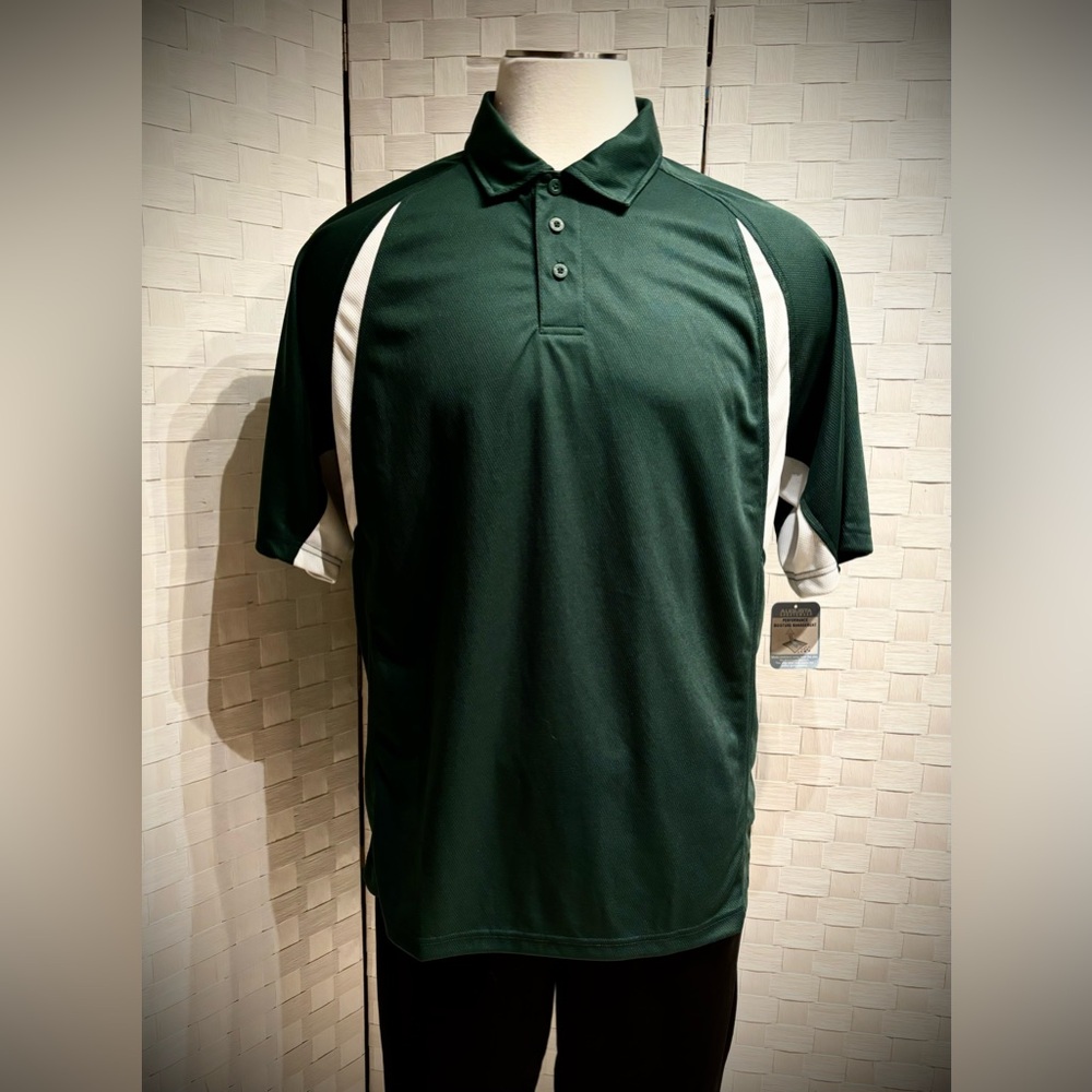 AUGUSTA 3 BUTTON GREEN & WHITE SHORT SLEEVE PERFORMANCE POLO   SIZE LARGE